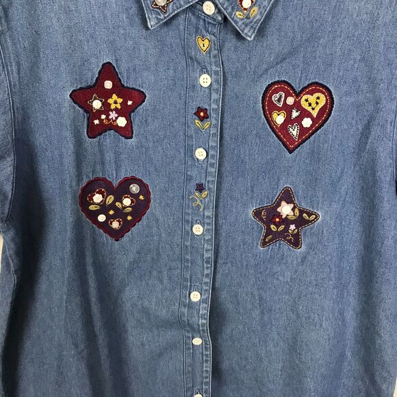Christopher & Banks Denim Shirt Size L Short Sleeve Embroidered Hearts Button Up - Picture 2 of 5